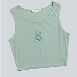 Mint Green Cropped Ribbed Tank with Embroidered Teddy Bear Design NWOT